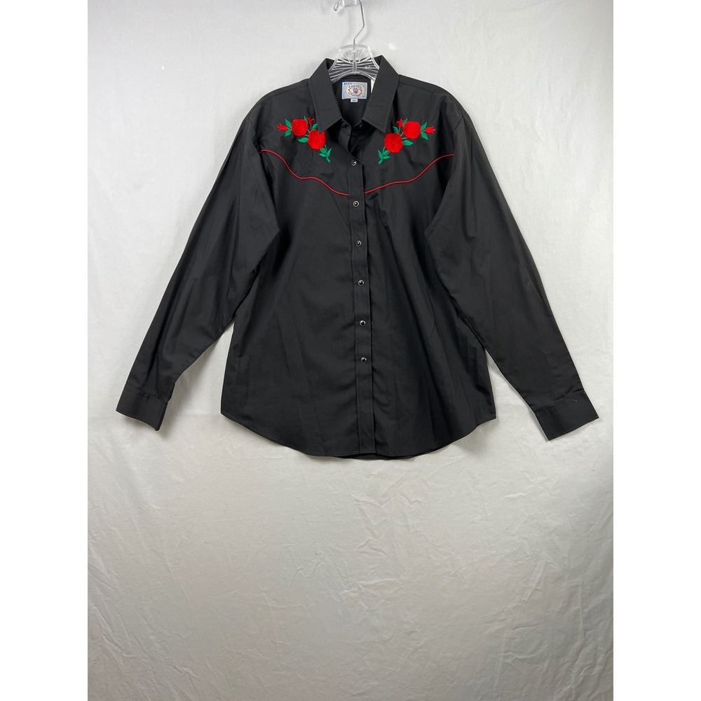 Ely Country Charmers Western Shirt Womens XL Black Red Rose Floral Embroidered